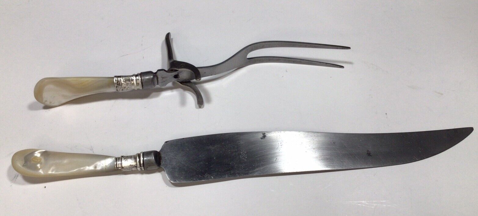 Antique Anco Cutlery Mother Of Pearl Handle Sterling Band 1880’s Carving