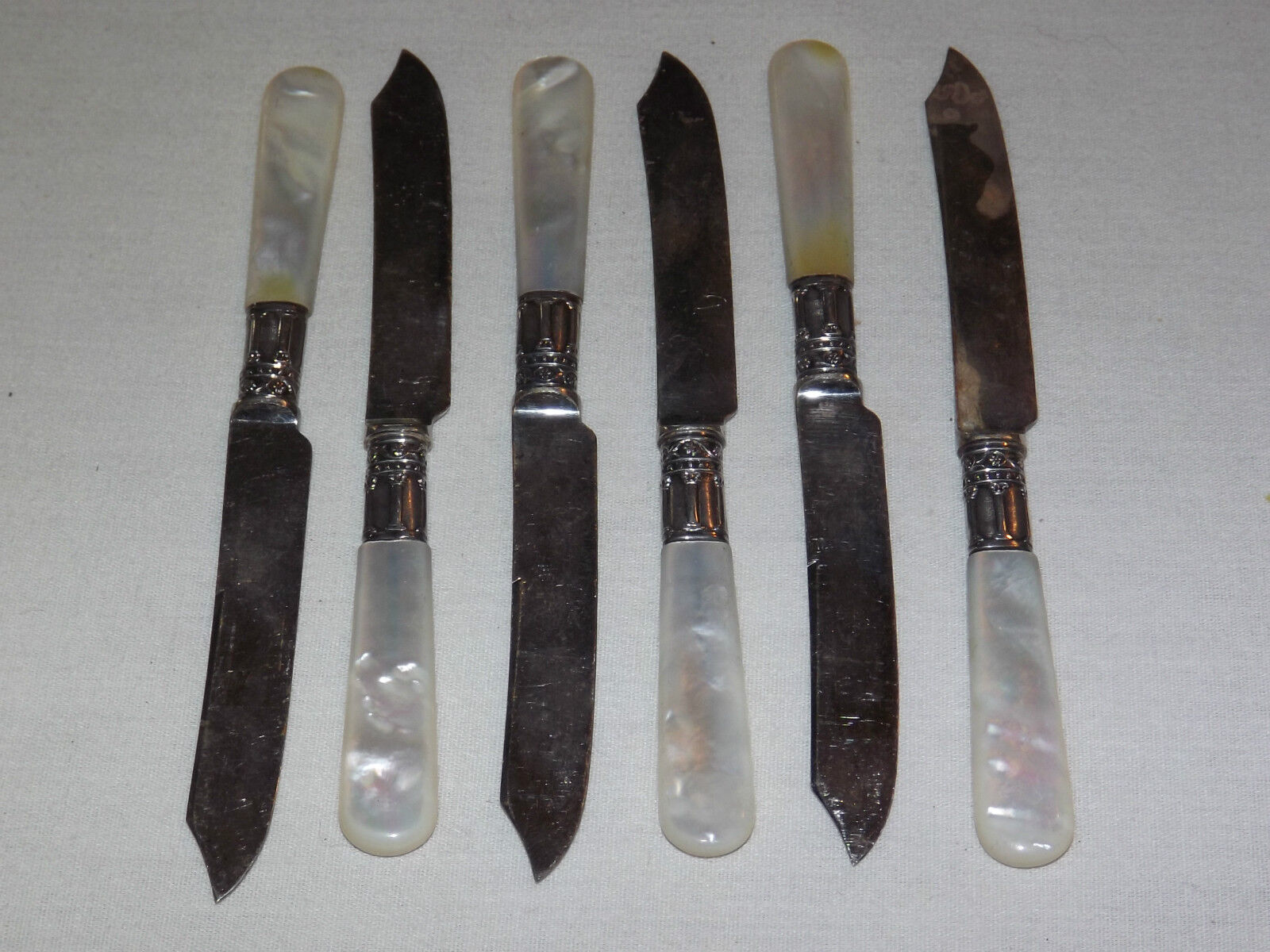VINTAGE 1800S 6 LAMSON  GOODMAN S FALLS MA MOTHER of PEARL STERLING FRUIT KNIVES