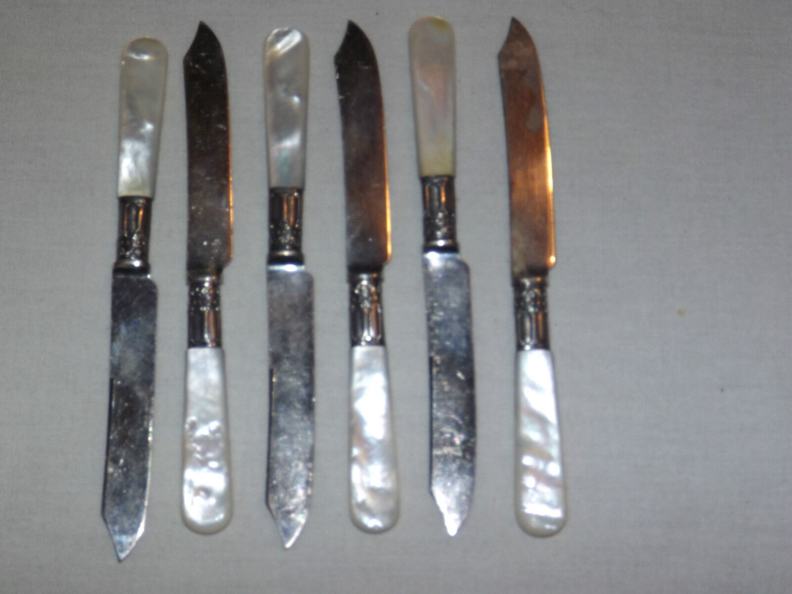 VINTAGE 1800S 6 LAMSON  GOODMAN S FALLS MA MOTHER of PEARL STERLING FRUIT KNIVES