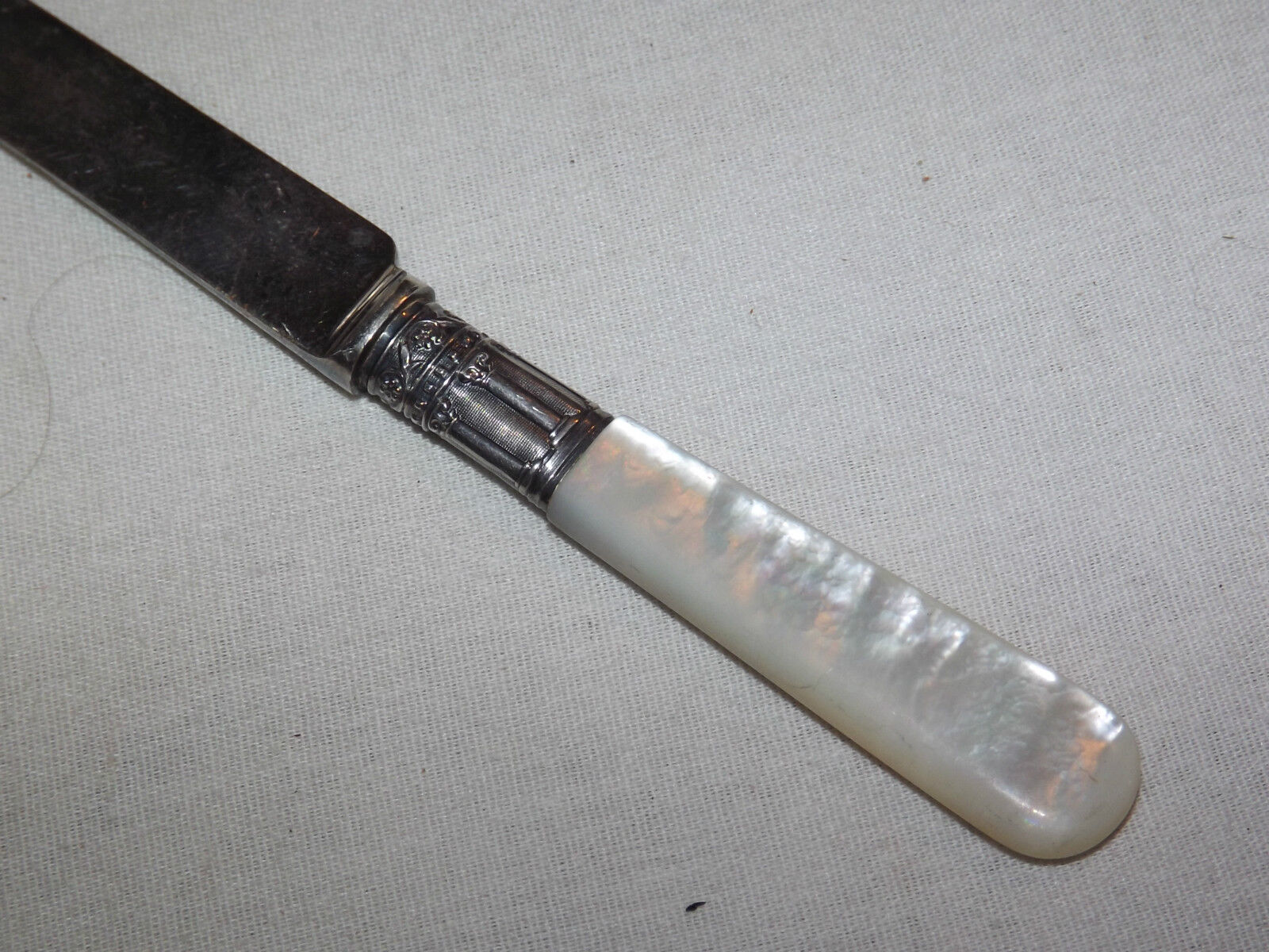 VINTAGE 1800S 6 LAMSON  GOODMAN S FALLS MA MOTHER of PEARL STERLING FRUIT KNIVES