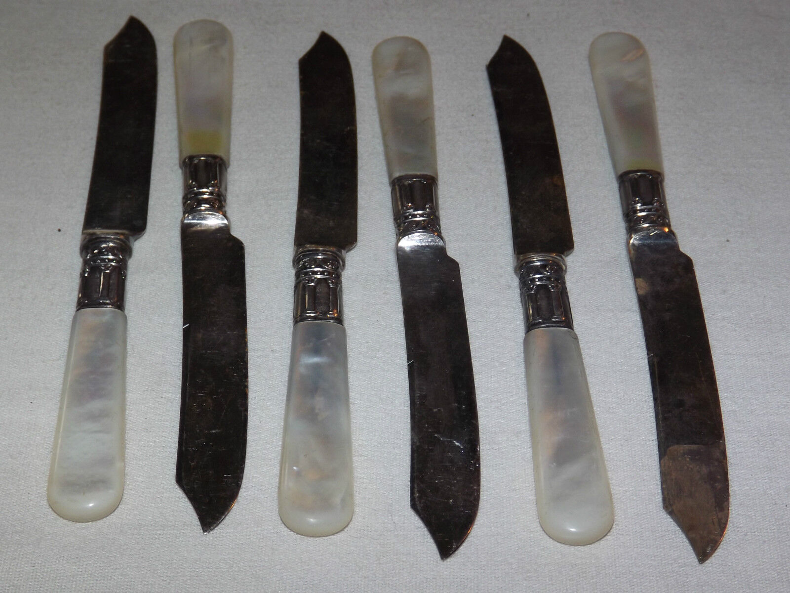 VINTAGE 1800S 6 LAMSON  GOODMAN S FALLS MA MOTHER of PEARL STERLING FRUIT KNIVES