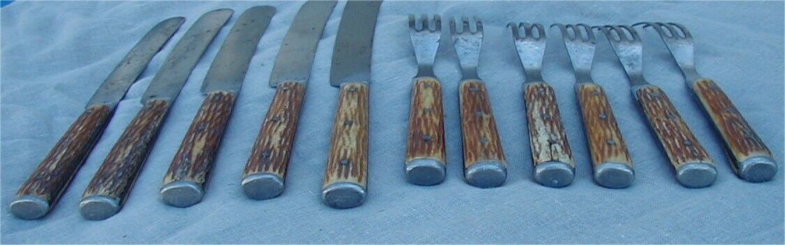 Lot-11 Vtg. Antique 1800s Hudson Cutlery Co.Flatware Knives/3 Tine Forks Antler