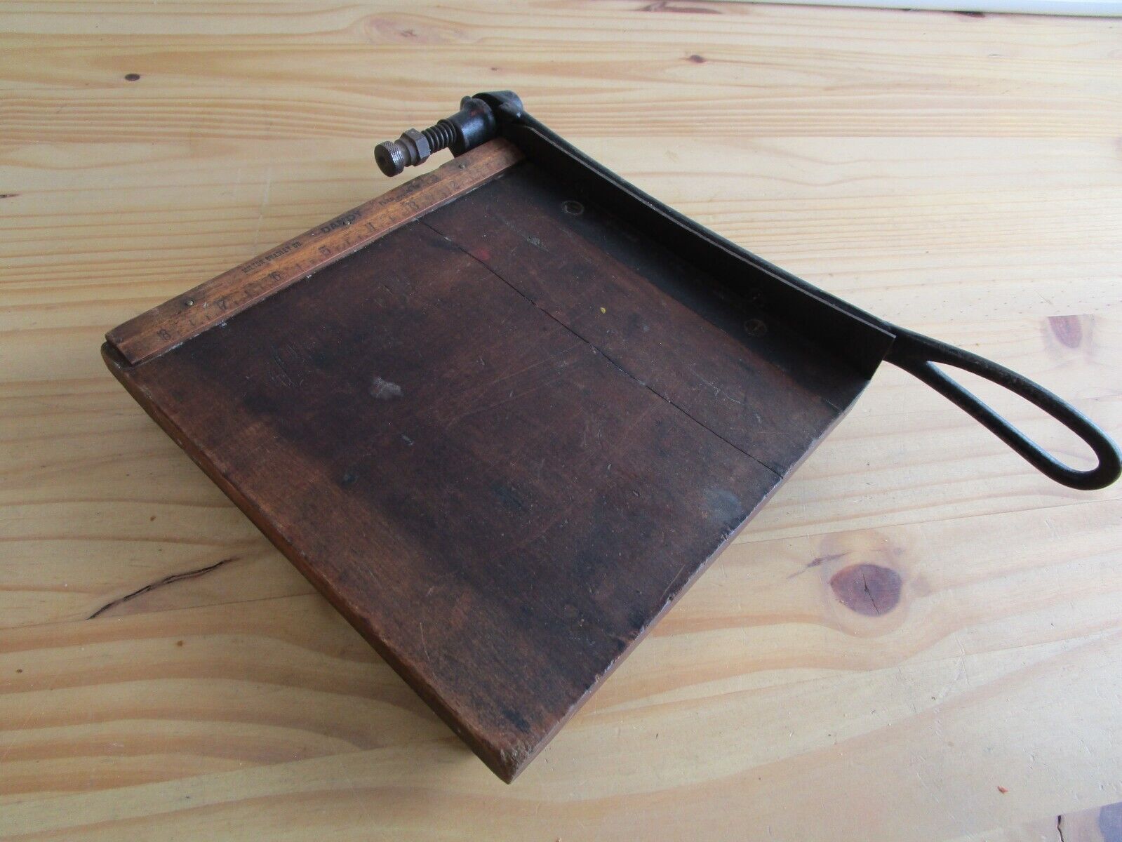 DANDY Wood PAPER CUTTER Antique MILTON BRADLY Guillotine Pat applied 1800's tool