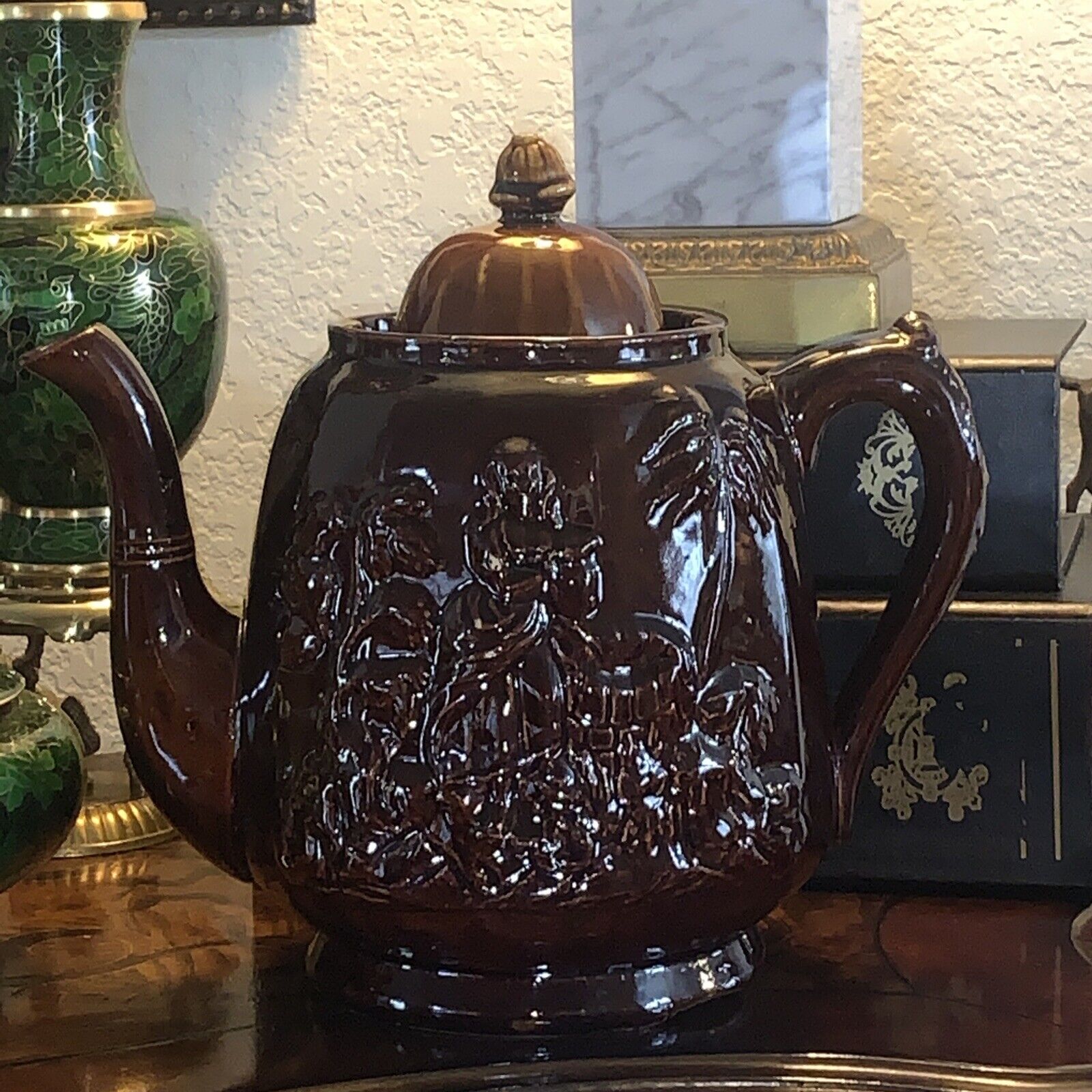 Rebekah/Rebecca at the well, teapot. Antique-Rockingham glaze