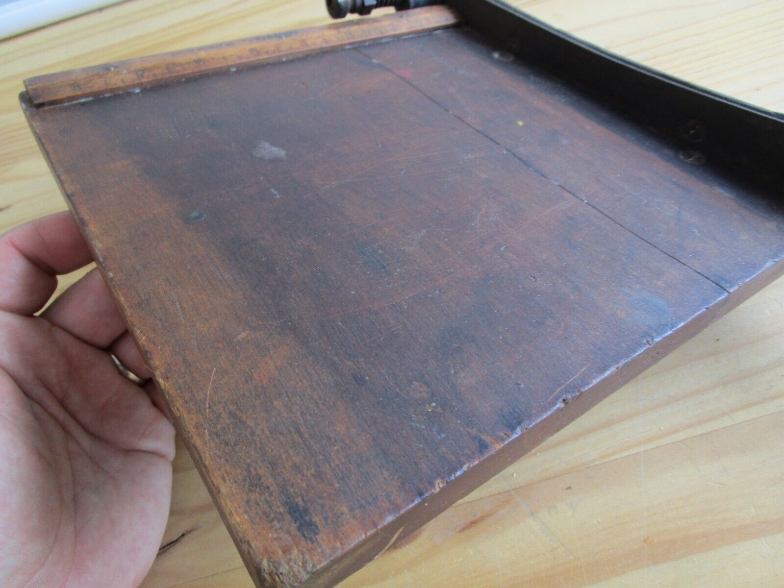DANDY Wood PAPER CUTTER Antique MILTON BRADLY Guillotine Pat applied 1800's tool