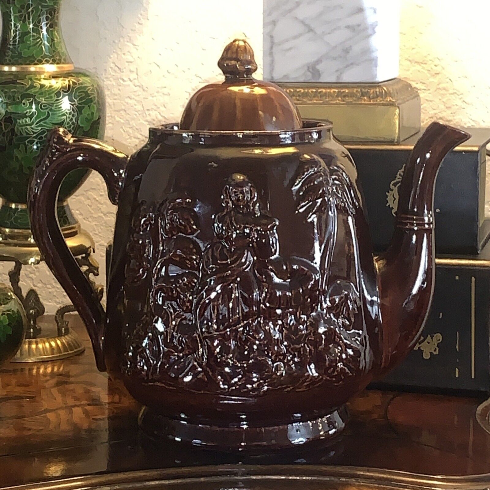 Rebekah/Rebecca at the well, teapot. Antique-Rockingham glaze