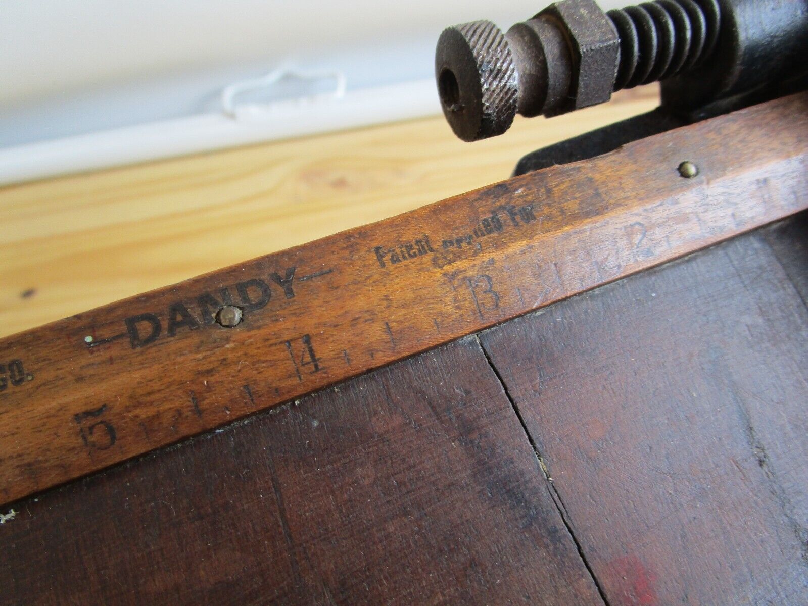 DANDY Wood PAPER CUTTER Antique MILTON BRADLY Guillotine Pat applied 1800's tool