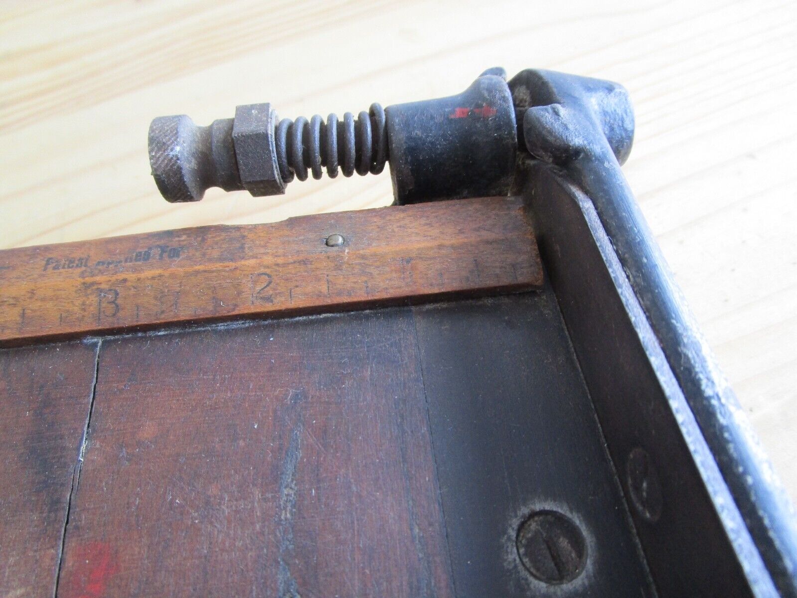 DANDY Wood PAPER CUTTER Antique MILTON BRADLY Guillotine Pat applied 1800's tool