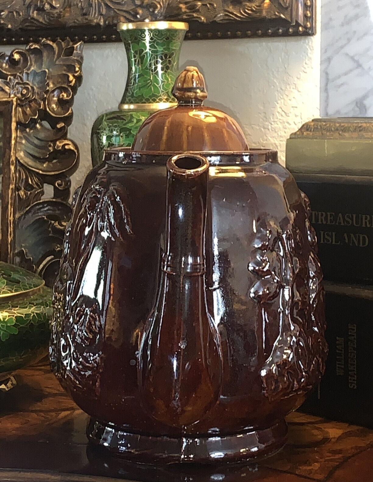 Rebekah/Rebecca at the well, teapot. Antique-Rockingham glaze