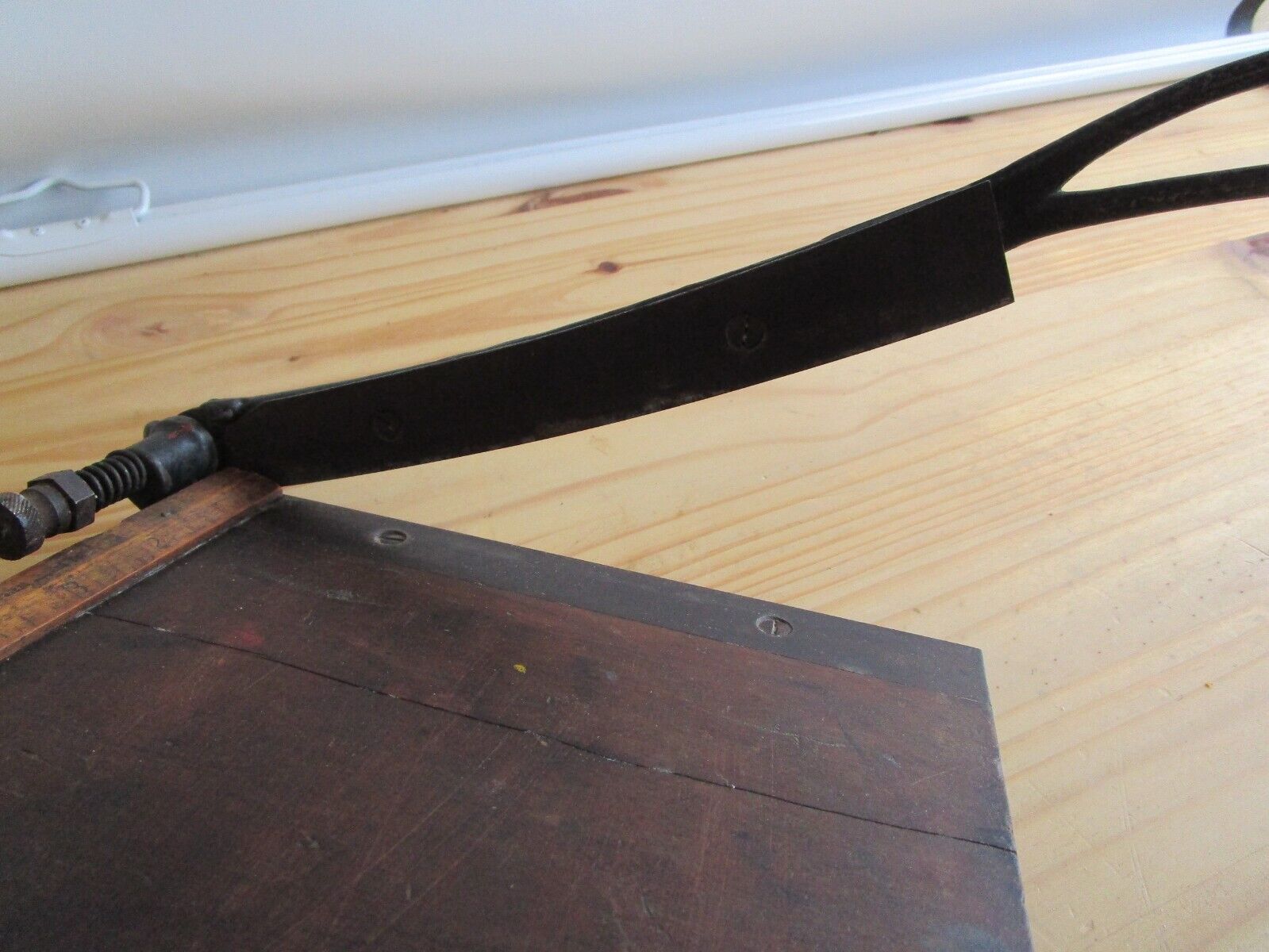 DANDY Wood PAPER CUTTER Antique MILTON BRADLY Guillotine Pat applied 1800's tool