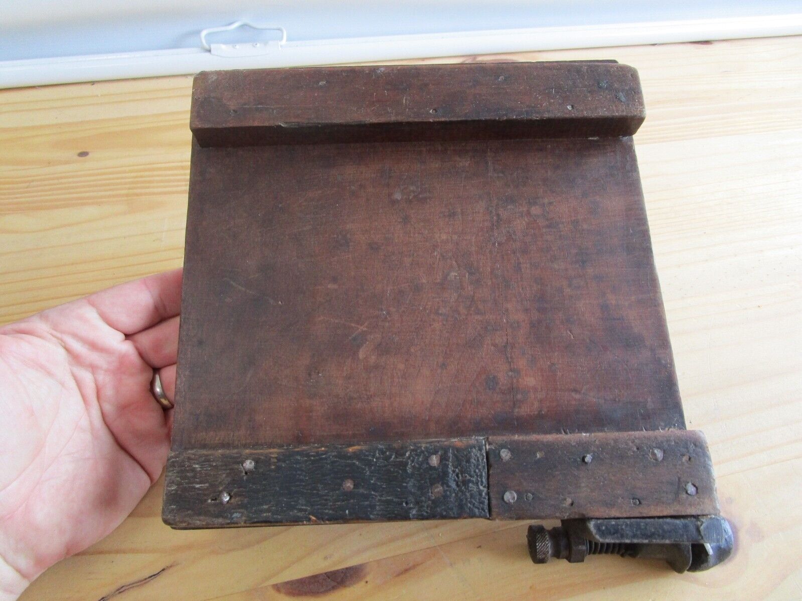 DANDY Wood PAPER CUTTER Antique MILTON BRADLY Guillotine Pat applied 1800's tool