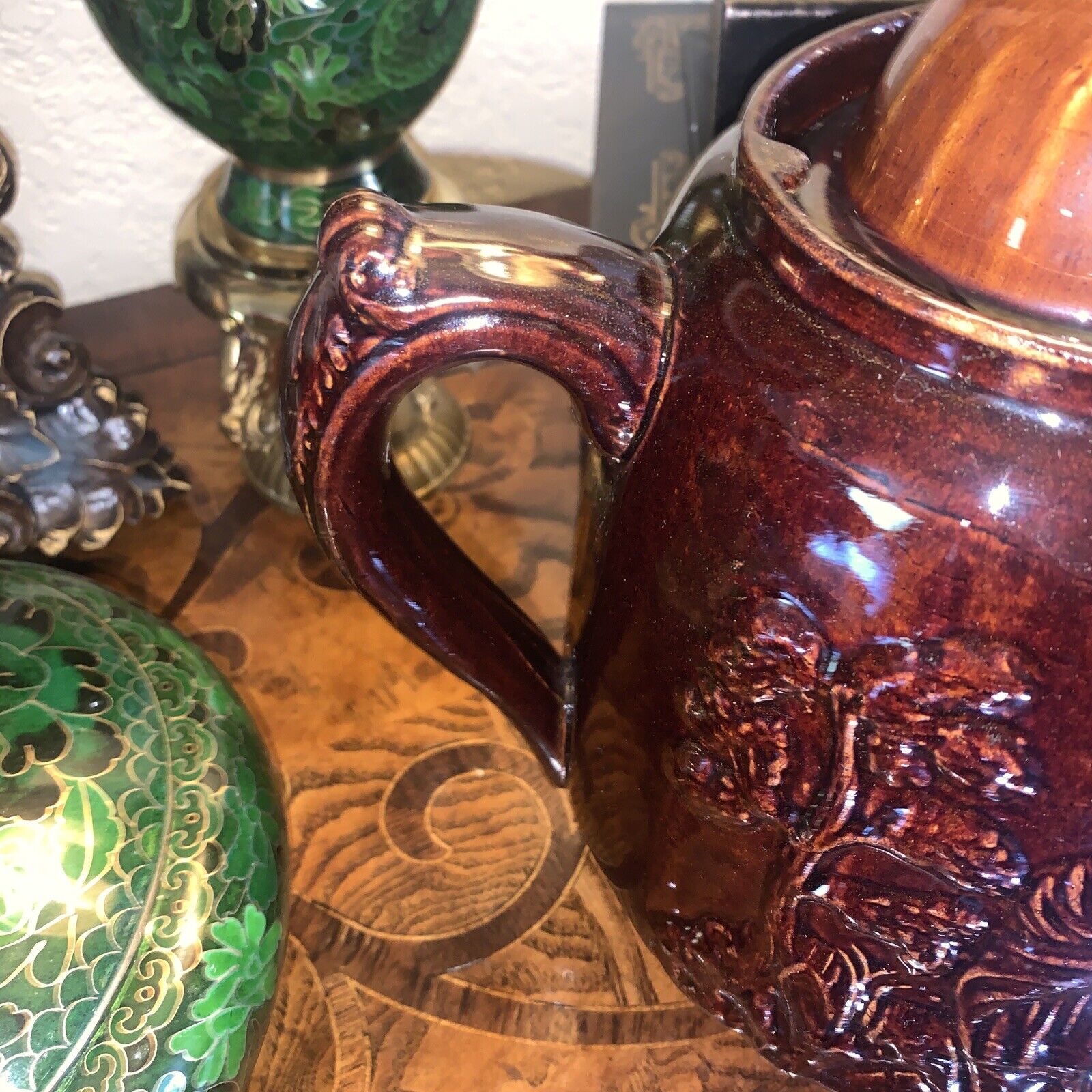 Rebekah/Rebecca at the well, teapot. Antique-Rockingham glaze