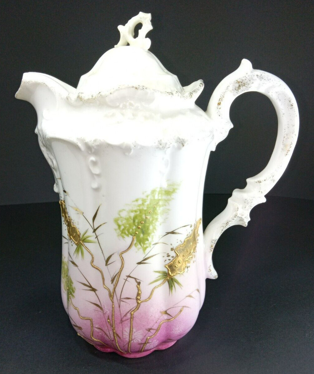 RS PRUSSIA Chocolate Pot Embossed Hand Painted Marked Early 1800s Art Nouveau