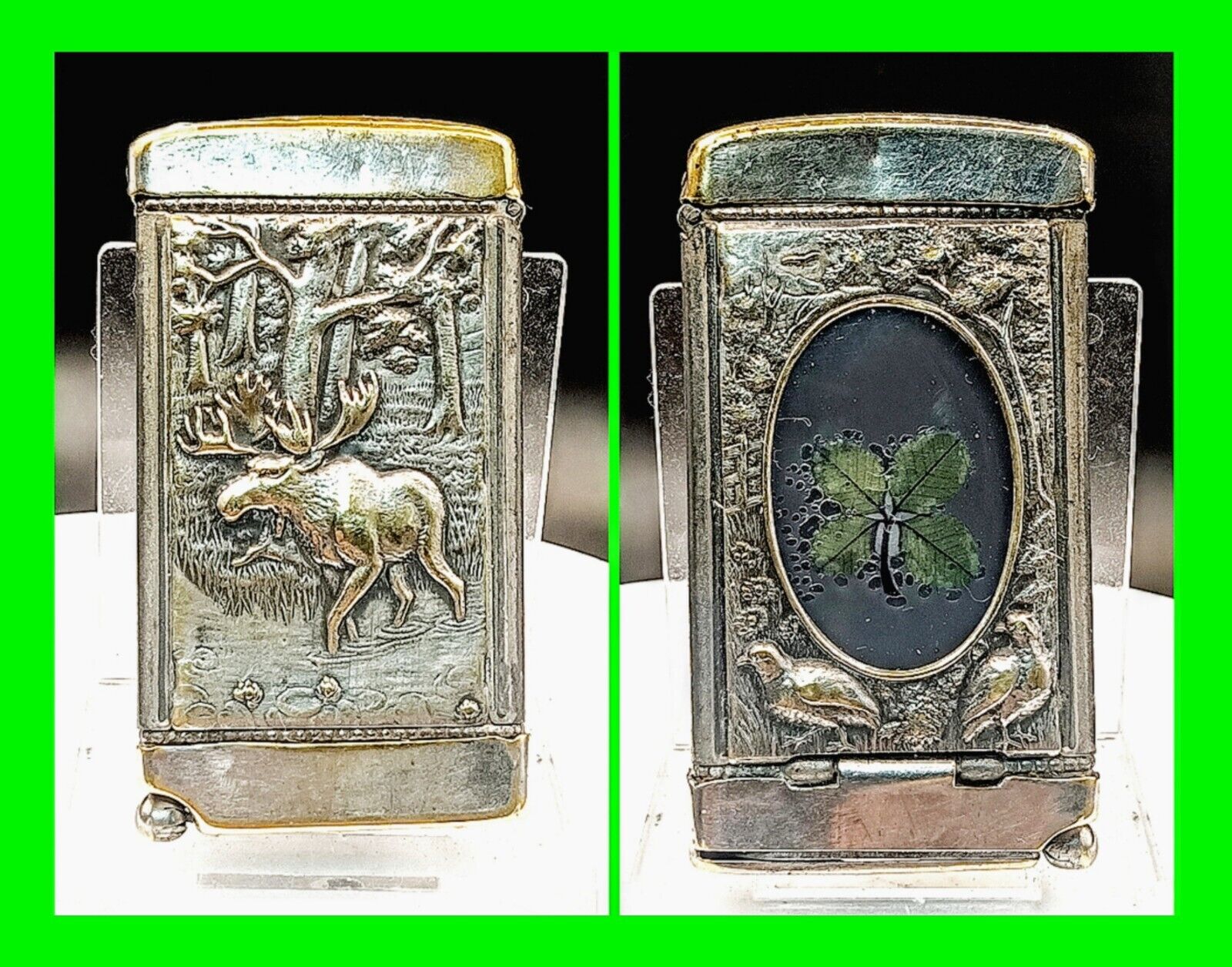 Antique Late 1800's Cigar Cutter / Match Safe Art Nouveau 4 Leaf Clover & Moose