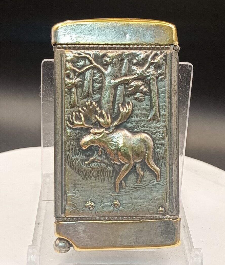 Antique Late 1800's Cigar Cutter / Match Safe Art Nouveau 4 Leaf Clover & Moose 