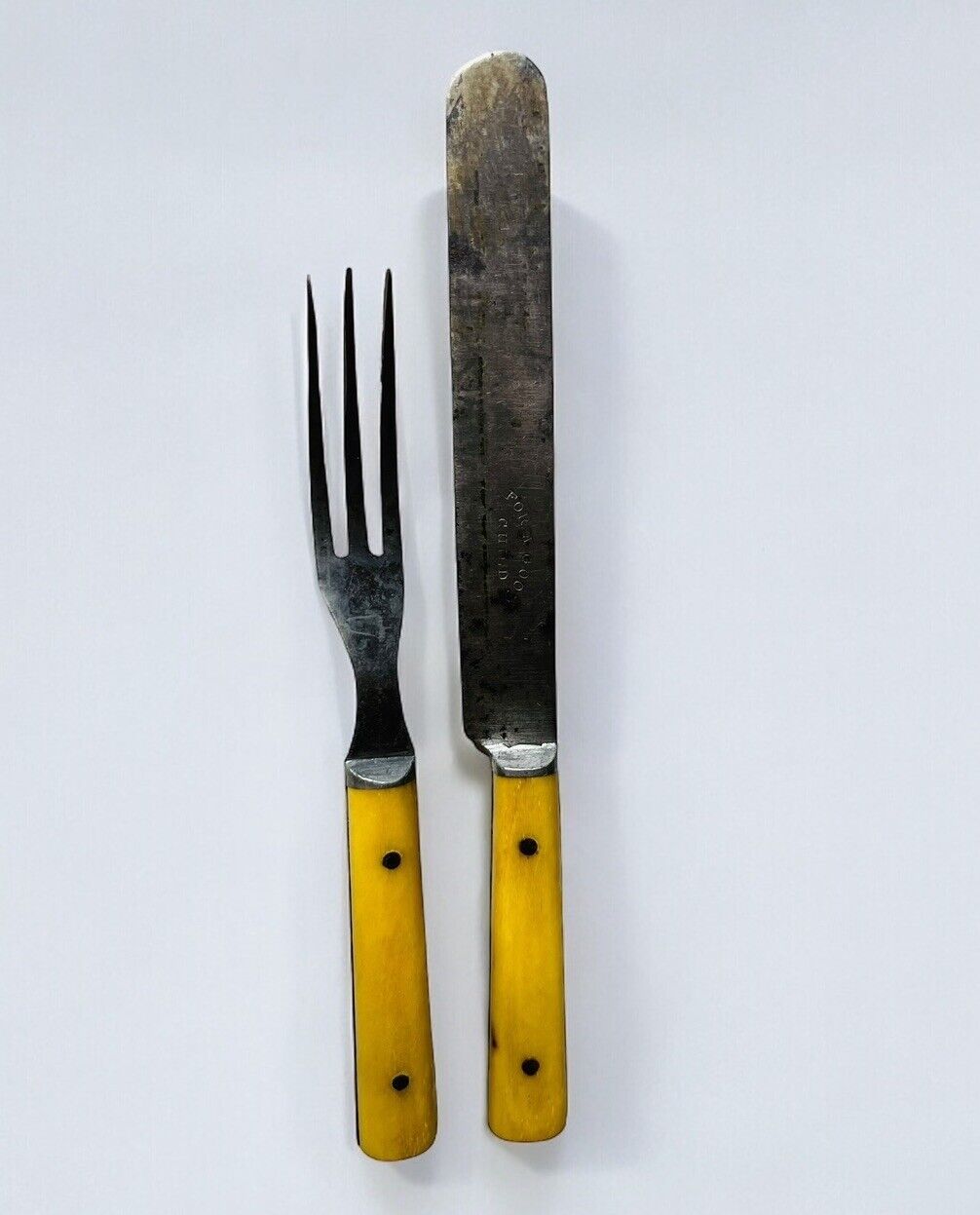 1800s CHILD CUTLERY SET RARE HORN HANDLED “FOR A GOOD CHILD” KNIFE FORK 3 TINES