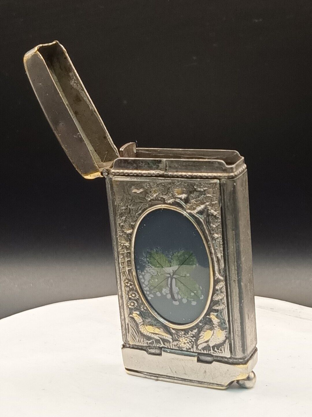 Antique Late 1800's Cigar Cutter / Match Safe Art Nouveau 4 Leaf Clover & Moose 