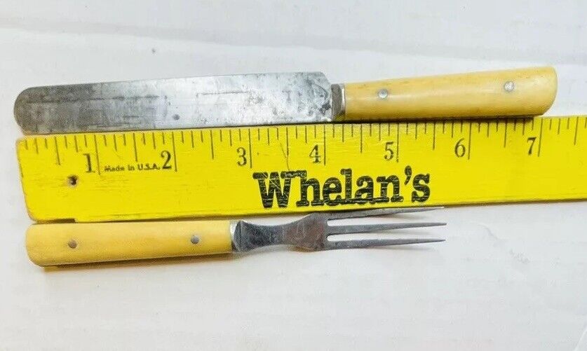 1800s CHILD CUTLERY SET RARE HORN HANDLED “FOR A GOOD CHILD” KNIFE FORK 3 TINES