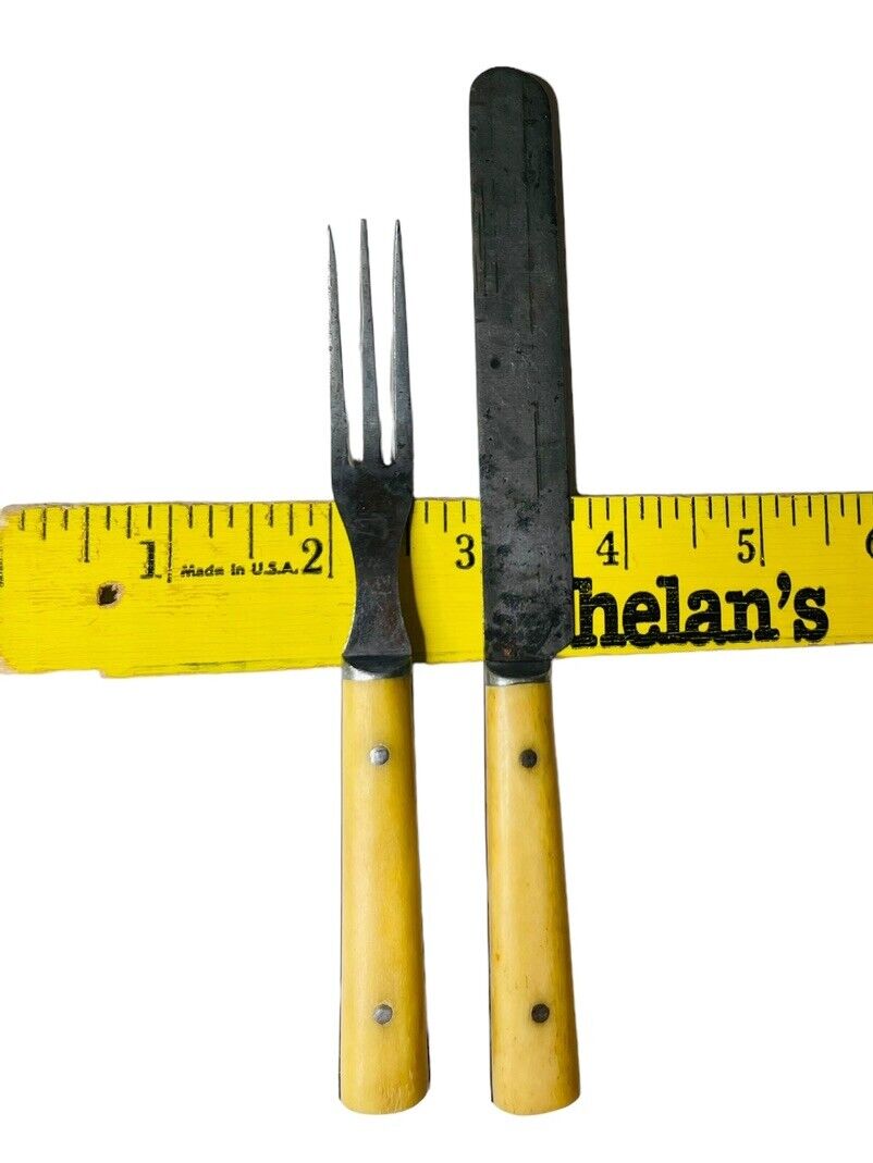 1800s CHILD CUTLERY SET RARE HORN HANDLED “FOR A GOOD CHILD” KNIFE FORK 3 TINES