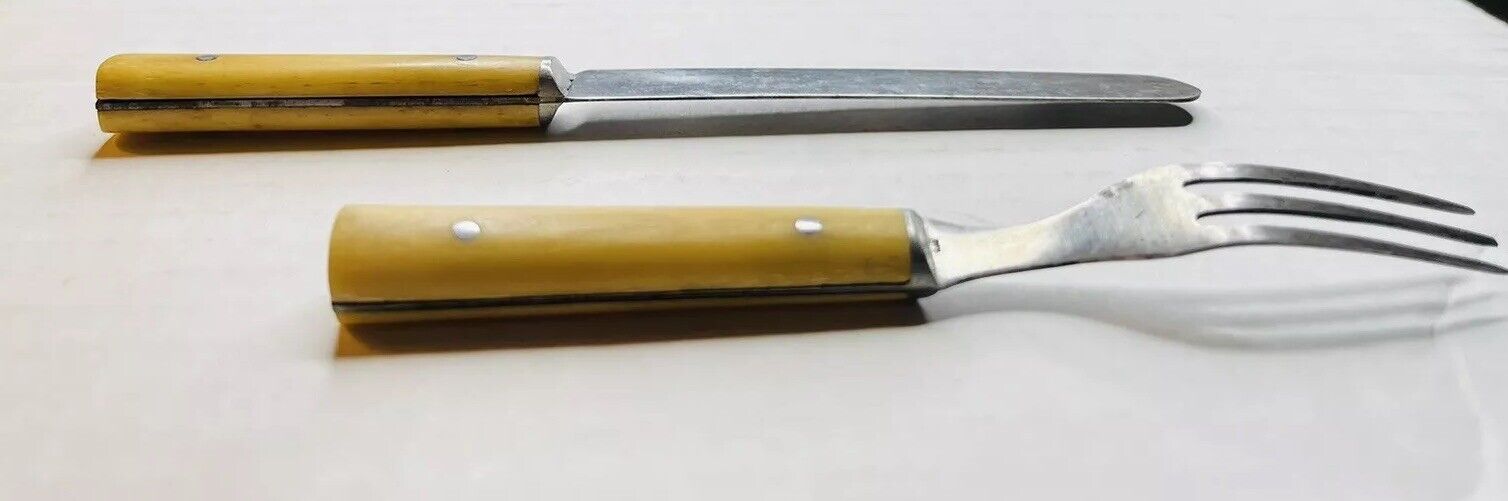 1800s CHILD CUTLERY SET RARE HORN HANDLED “FOR A GOOD CHILD” KNIFE FORK 3 TINES