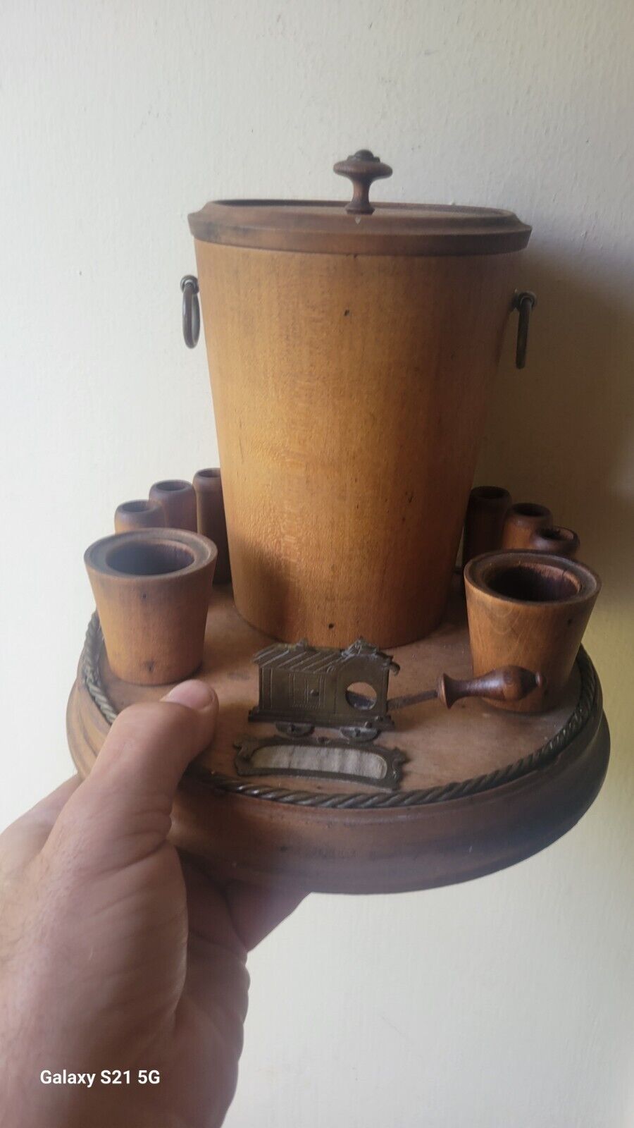 ANTIQUE CIGAR TOBACCO HOLDER WITH FIGURAL CIGAR CUTTER WOOD & BRASS C1800S