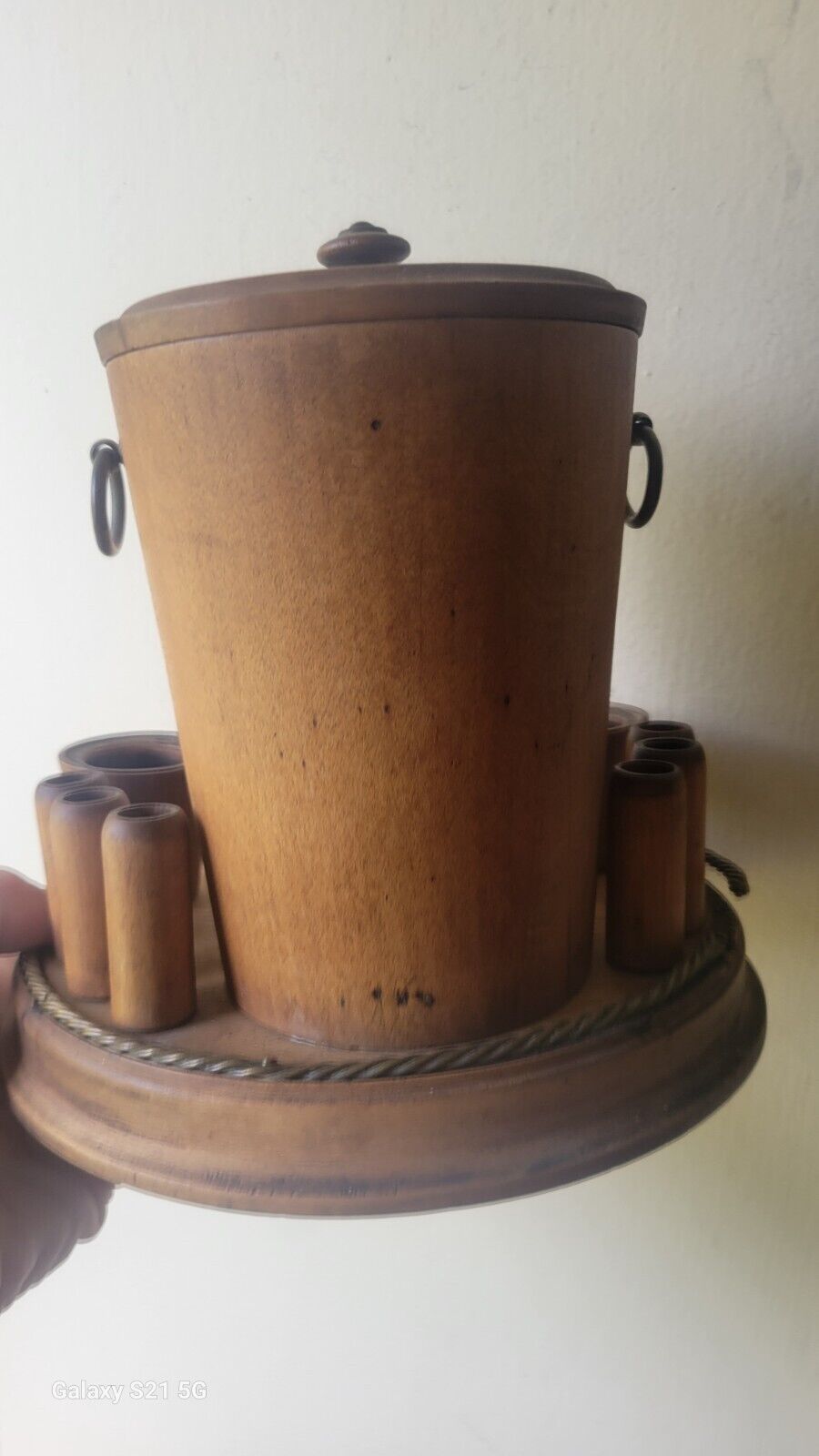 ANTIQUE CIGAR TOBACCO HOLDER WITH FIGURAL CIGAR CUTTER WOOD & BRASS C1800S
