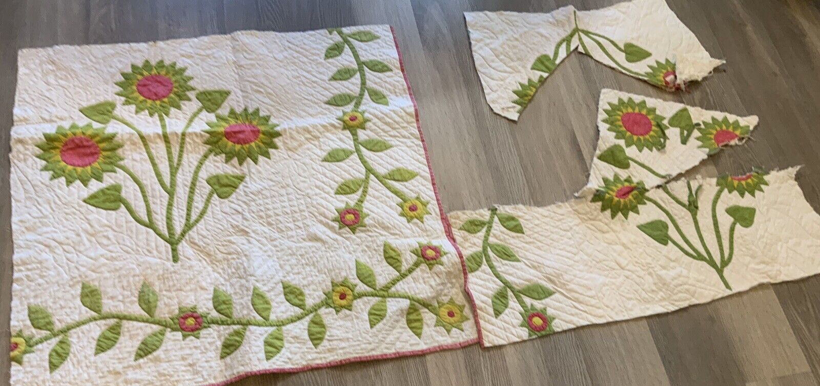 Antique Appliqué Quilt Pieces, 3, Late 1800’s, Cutter, Scrap, Red, Green, As Is