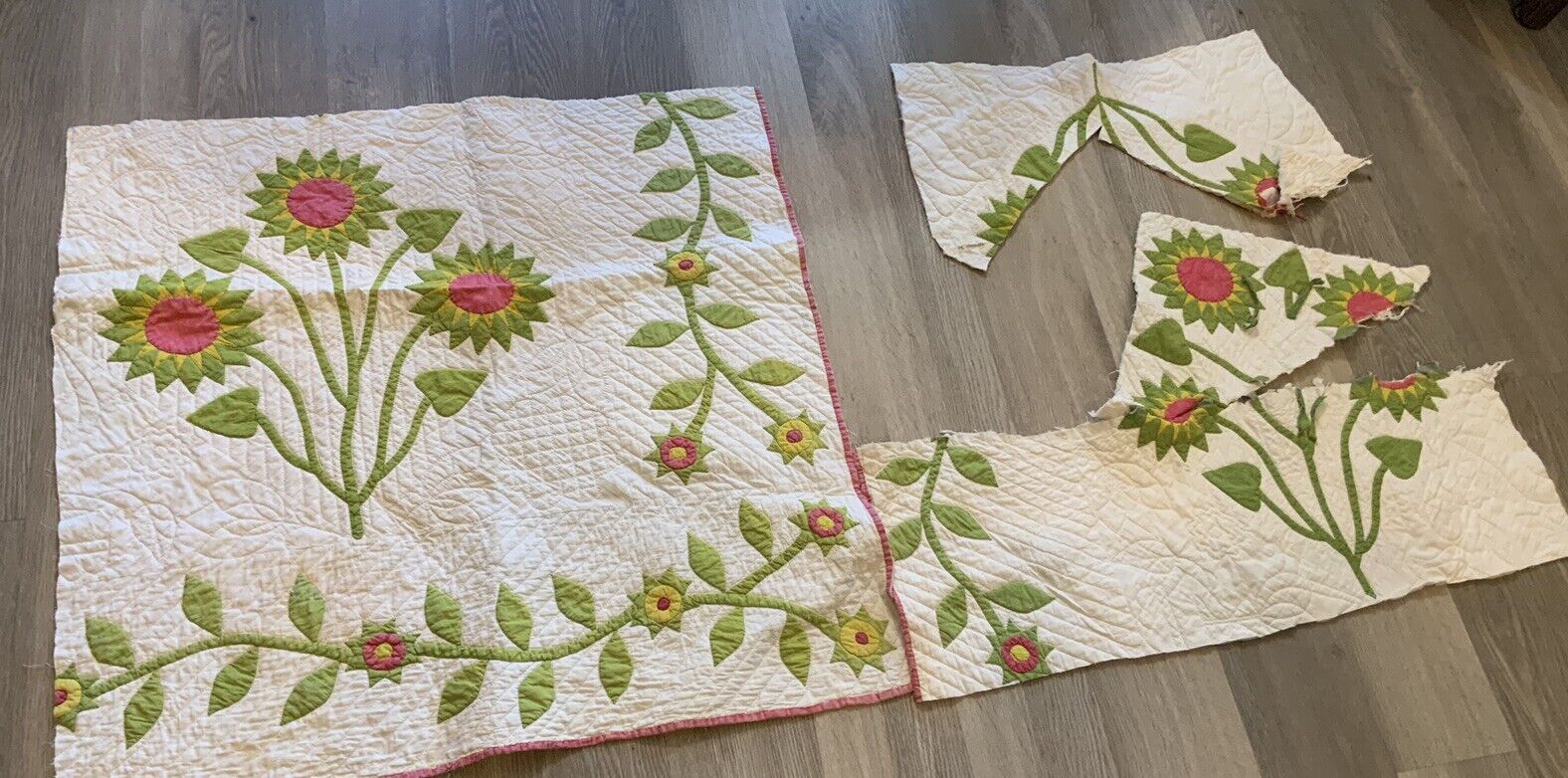 Antique Appliqué Quilt Pieces, 3, Late 1800’s, Cutter, Scrap, Red, Green, As Is