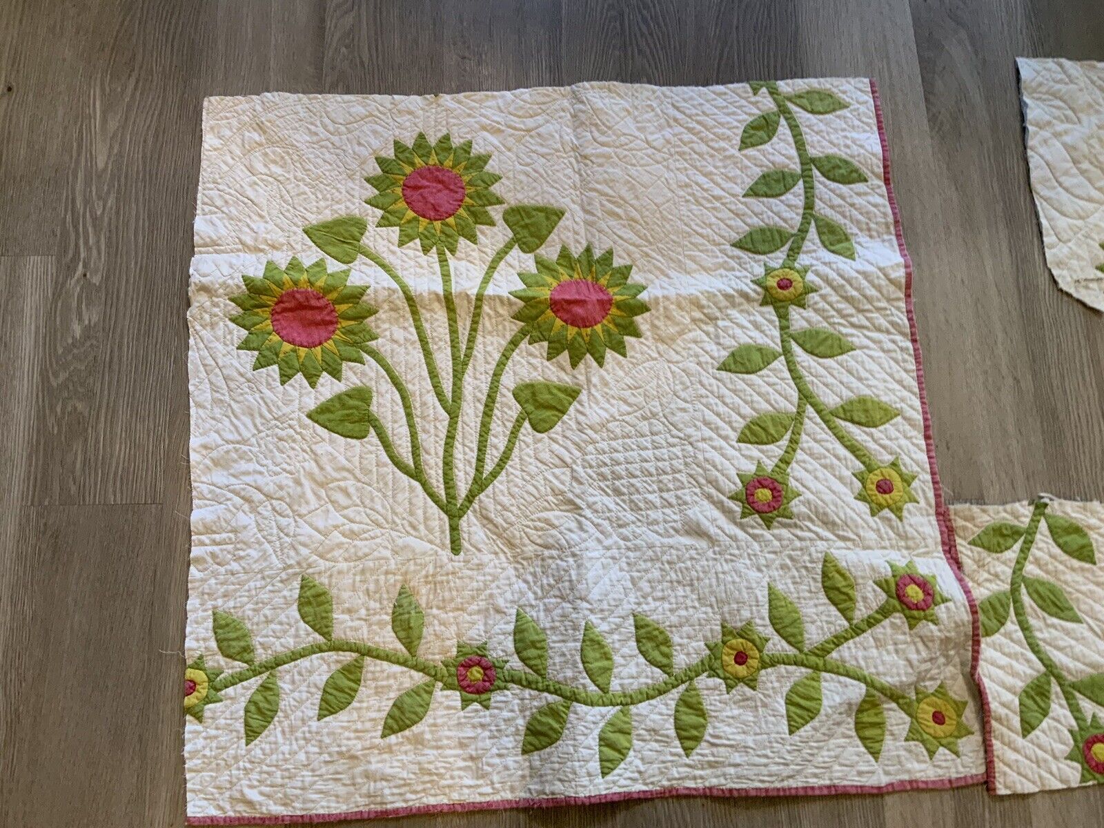 Antique Appliqué Quilt Pieces, 3, Late 1800’s, Cutter, Scrap, Red, Green, As Is