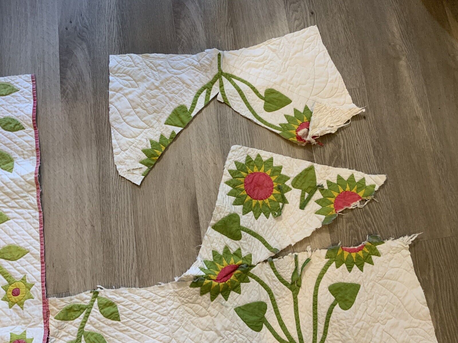 Antique Appliqué Quilt Pieces, 3, Late 1800’s, Cutter, Scrap, Red, Green, As Is