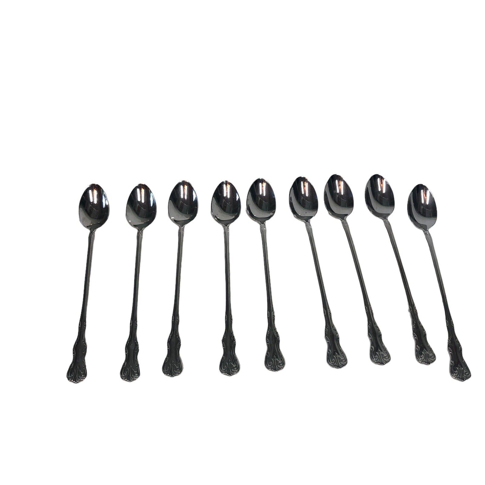 Reed & Barton Spoons Stainless 18/10 Iced Beverage Set of Nine Victoria Scrolls