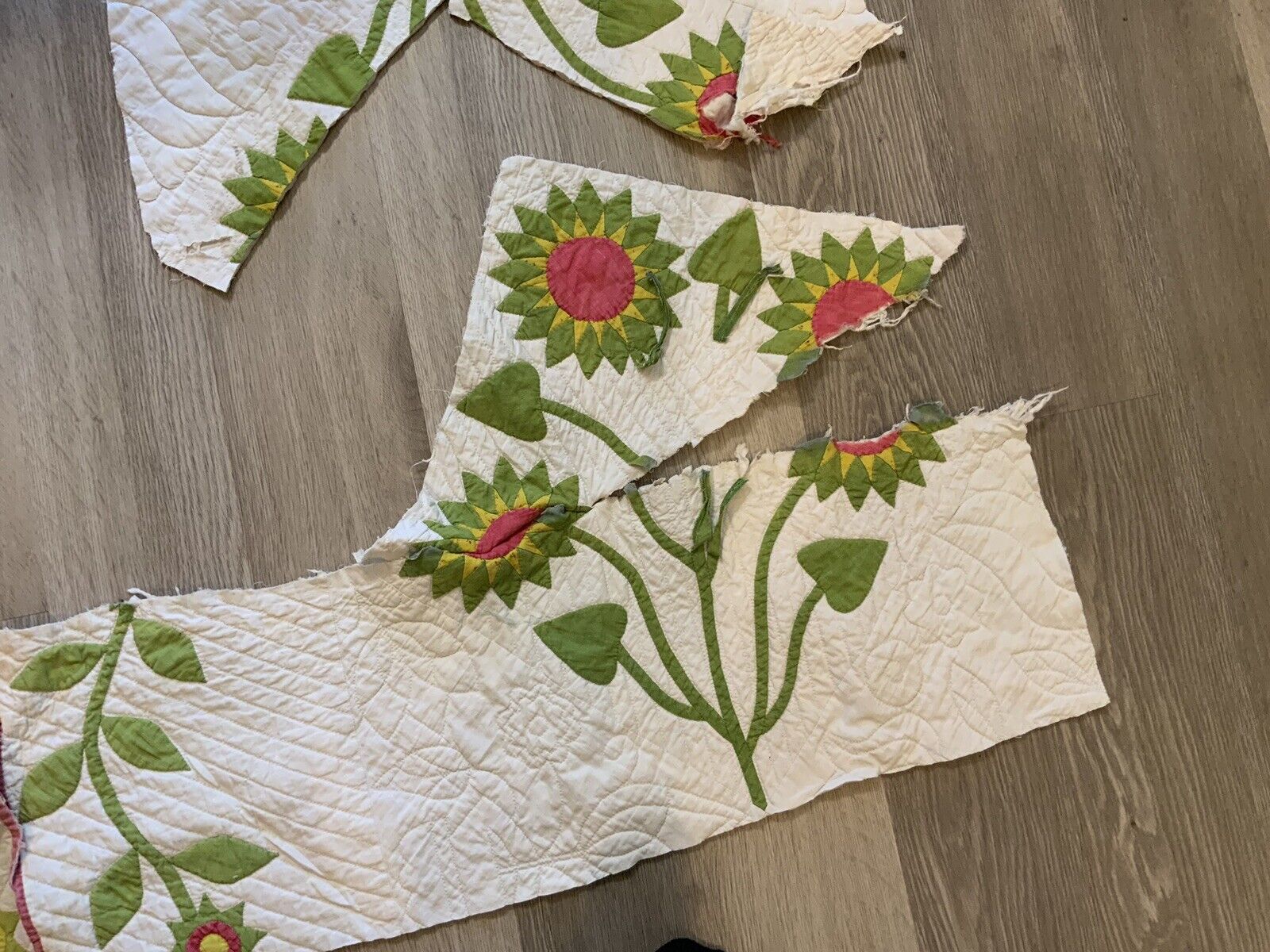 Antique Appliqué Quilt Pieces, 3, Late 1800’s, Cutter, Scrap, Red, Green, As Is