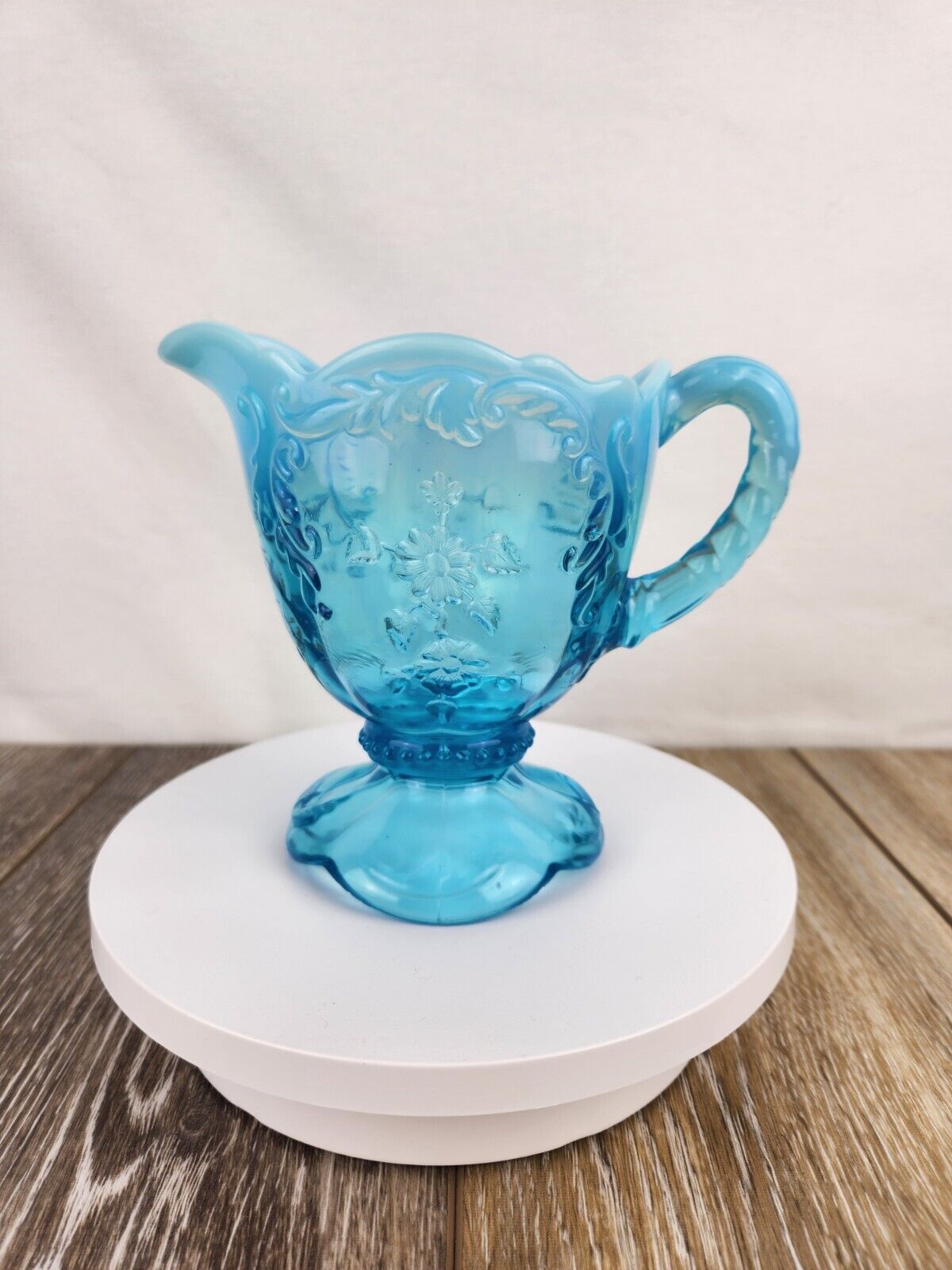 1900s Northwood Intaglio Blue Opalescent UV Reactive Creamer Pitcher - GLOWS