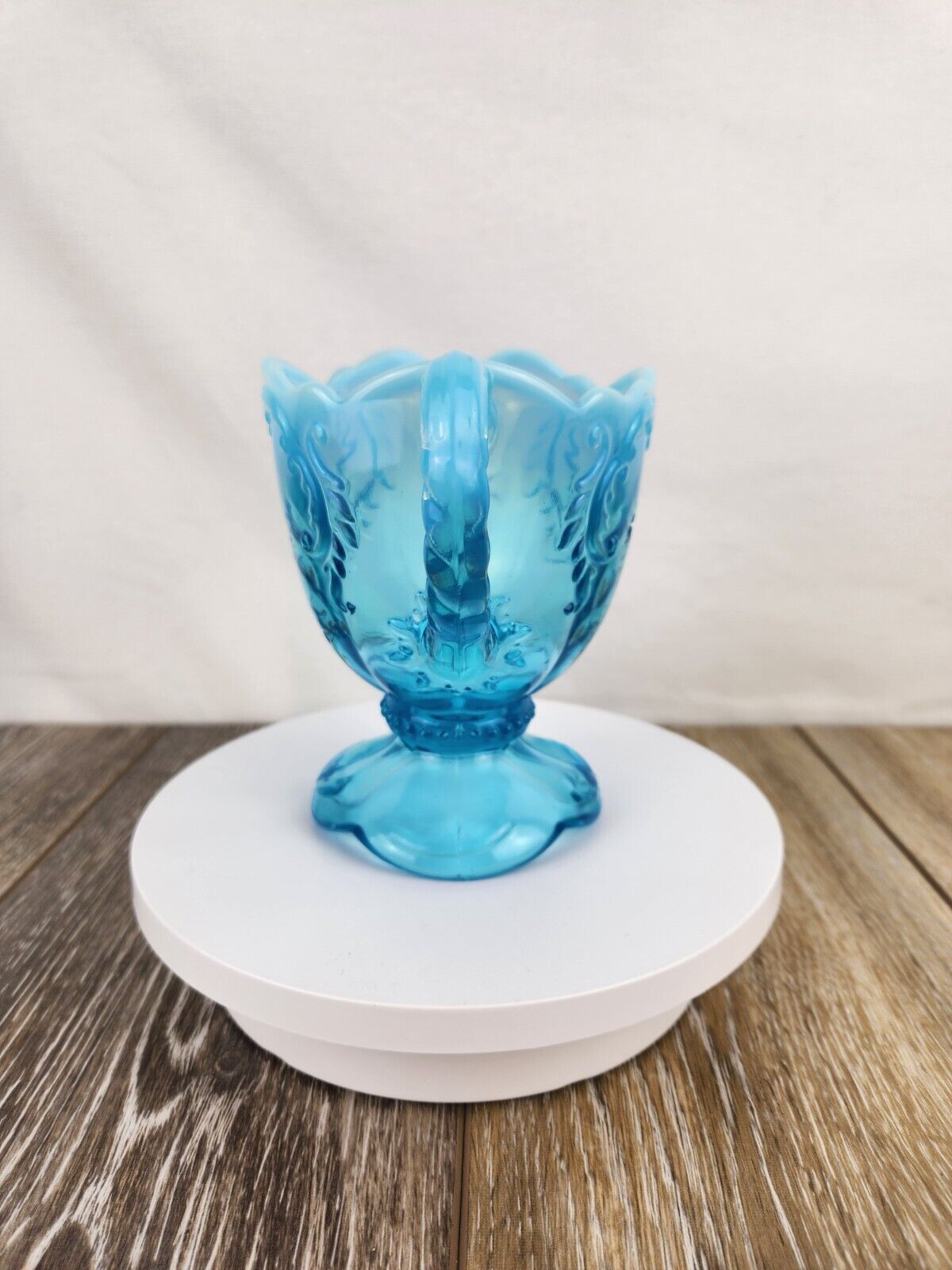 1900s Northwood Intaglio Blue Opalescent UV Reactive Creamer Pitcher - GLOWS