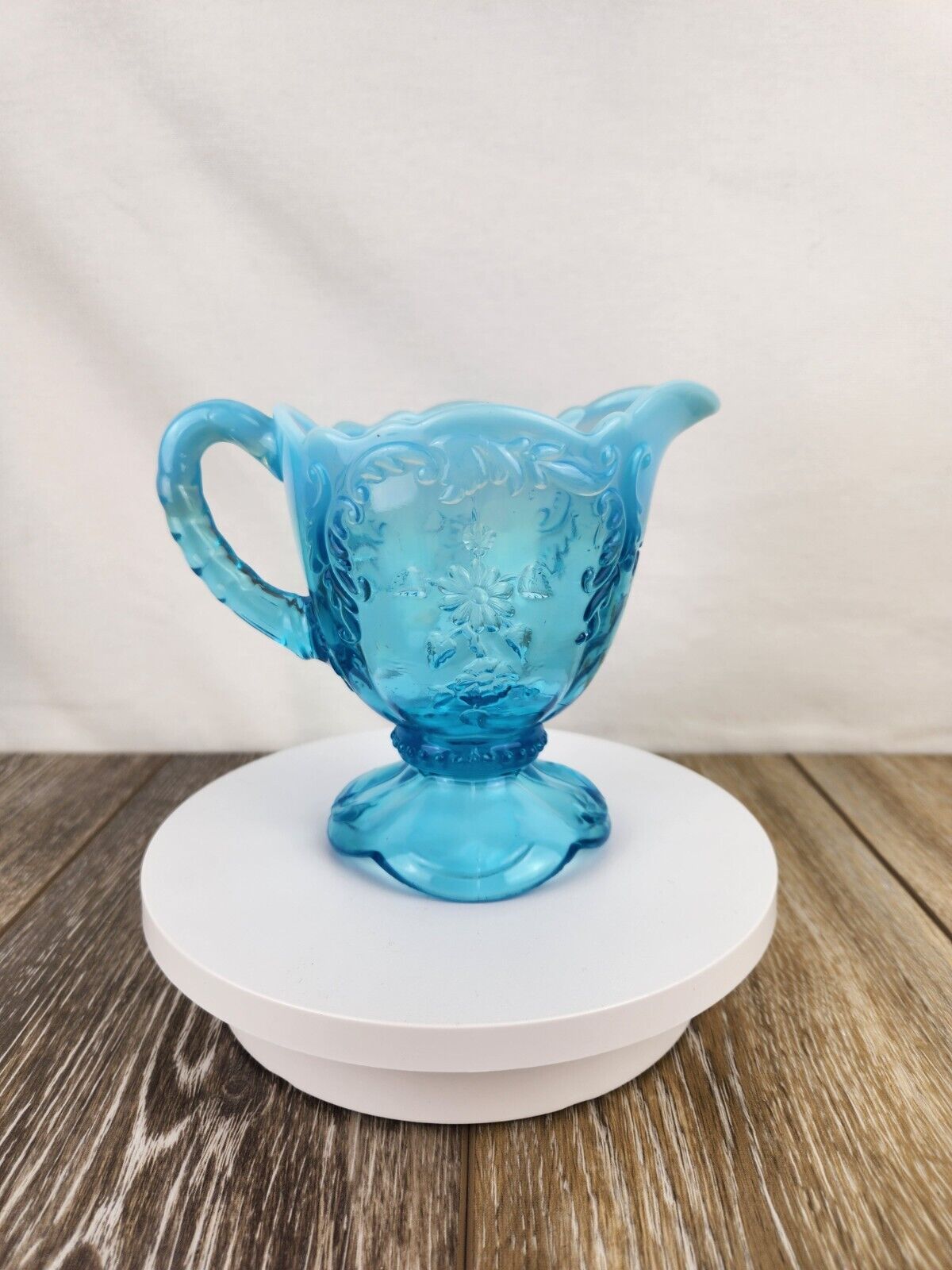 1900s Northwood Intaglio Blue Opalescent UV Reactive Creamer Pitcher - GLOWS