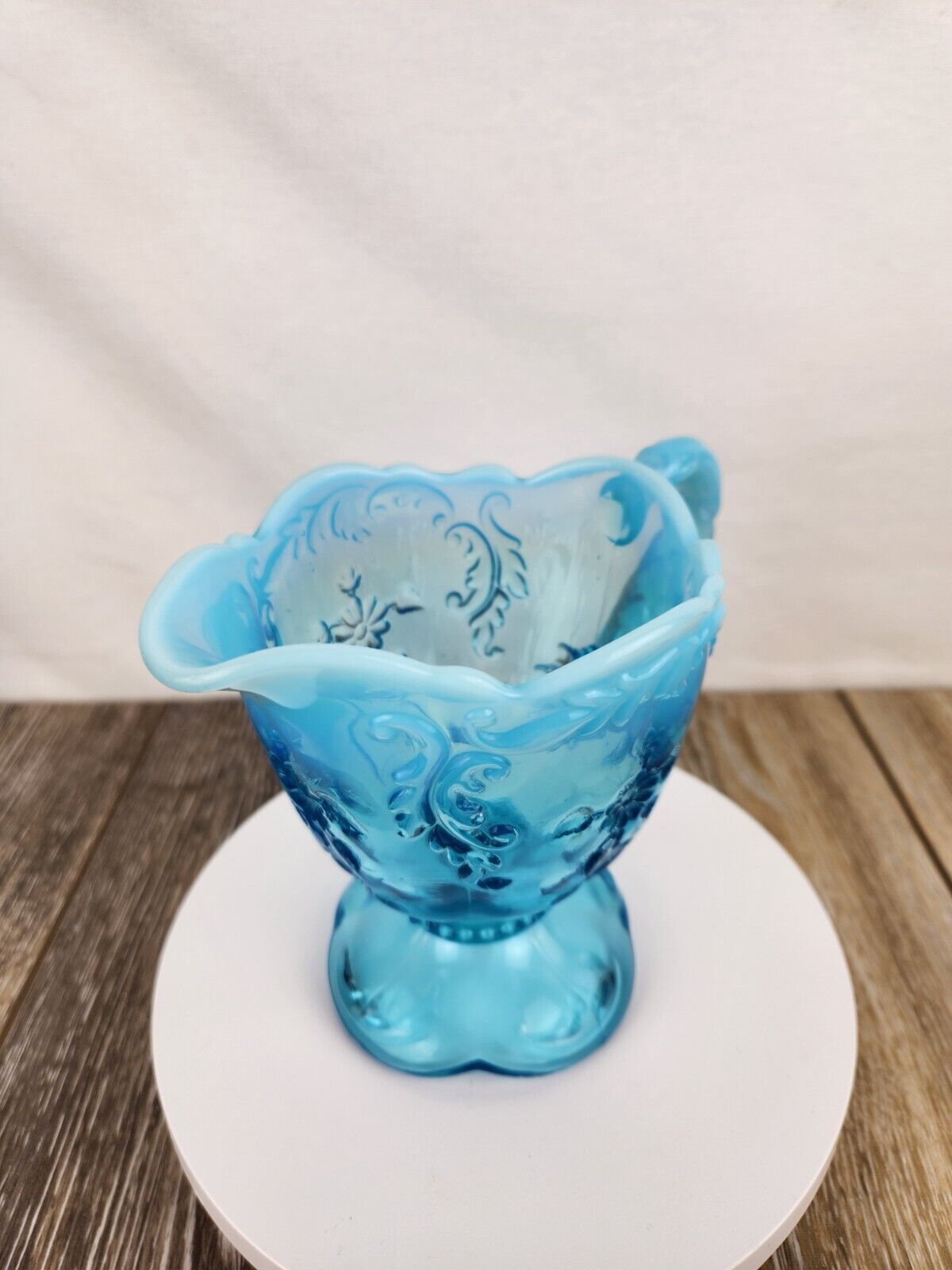 1900s Northwood Intaglio Blue Opalescent UV Reactive Creamer Pitcher - GLOWS