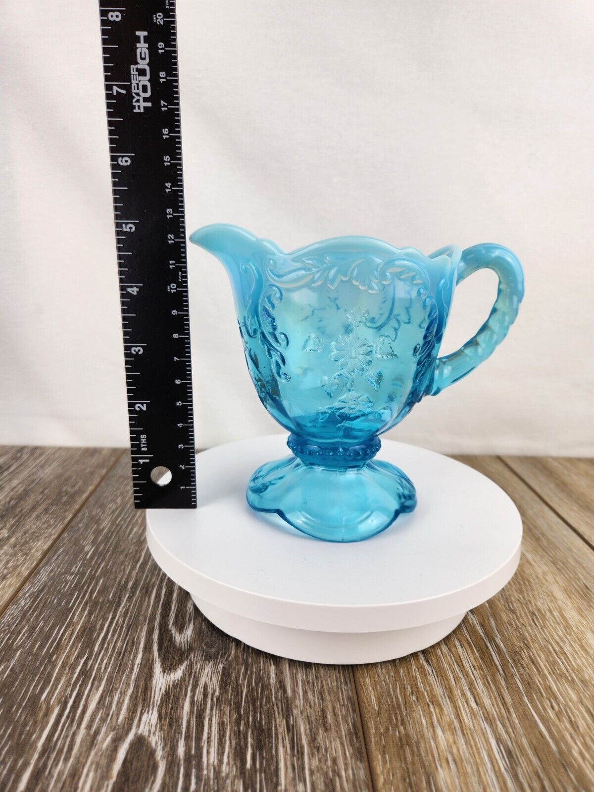 1900s Northwood Intaglio Blue Opalescent UV Reactive Creamer Pitcher - GLOWS