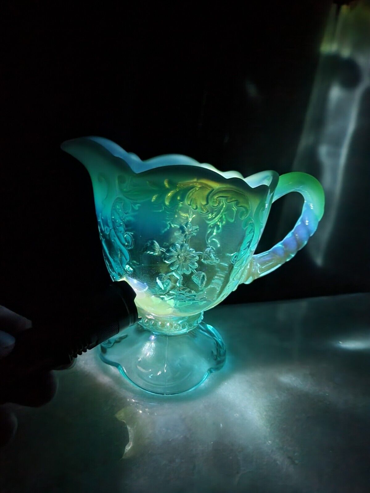 1900s Northwood Intaglio Blue Opalescent UV Reactive Creamer Pitcher - GLOWS