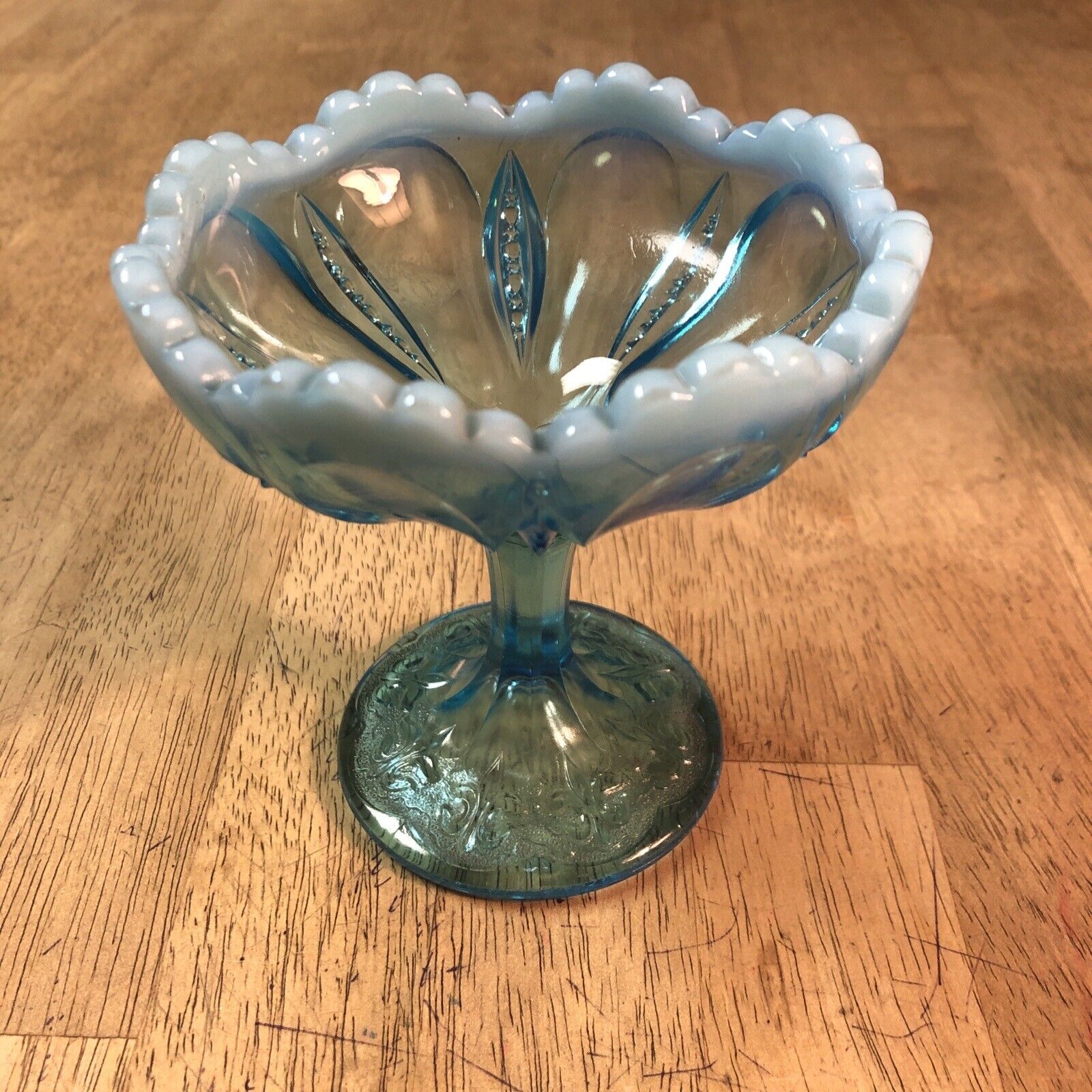 Early 1900’s Blue Opalescent Glass Compote Jelly Dish Fleur De Lis Base