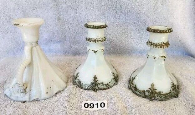 Antique Victorian Early 1900's Opal Dithridge 3 Piece Milk Glass Candle Holders