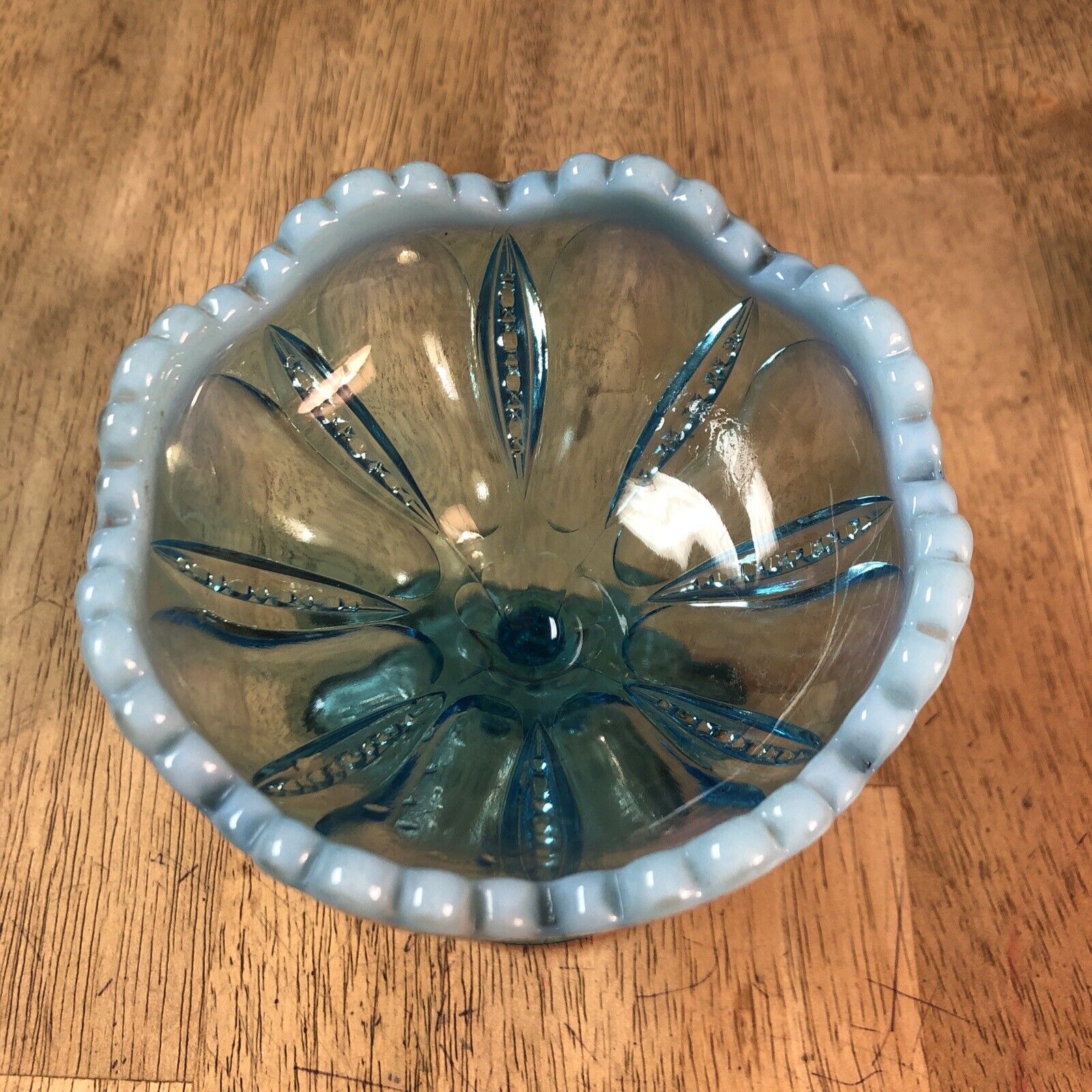 Early 1900’s Blue Opalescent Glass Compote Jelly Dish Fleur De Lis Base