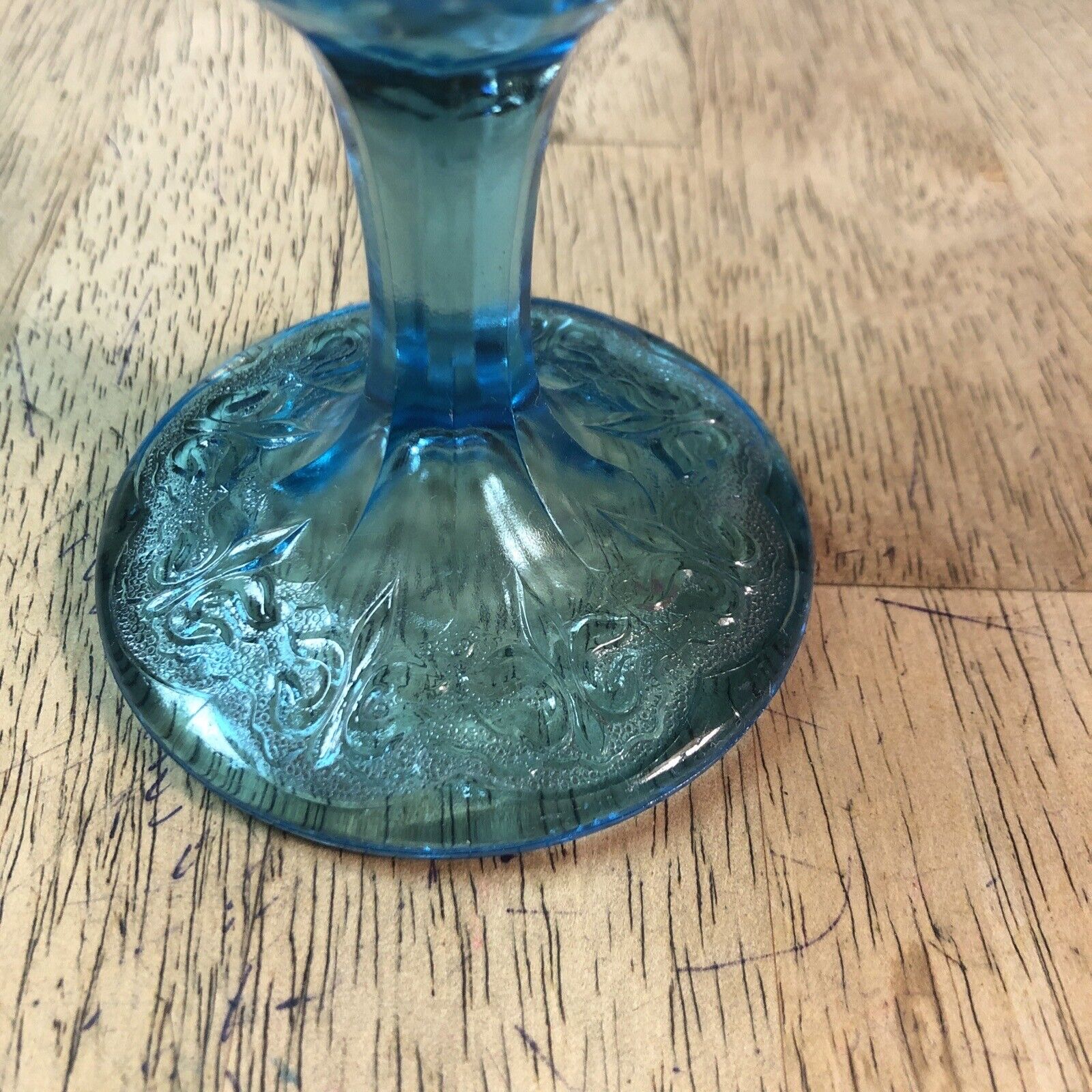 Early 1900’s Blue Opalescent Glass Compote Jelly Dish Fleur De Lis Base