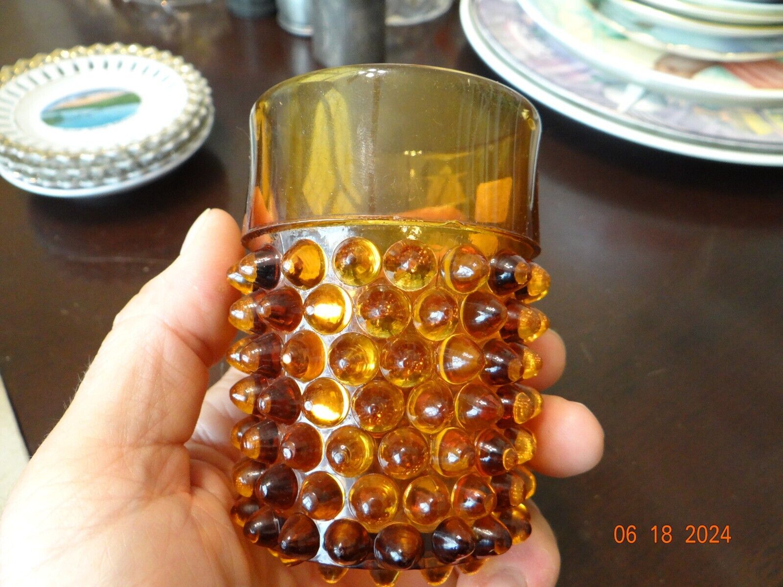 3.75" Vintage 1900's Amber Hobnail Drinking Glass Tumbler Glass