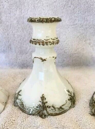 Antique Victorian Early 1900's Opal Dithridge 3 Piece Milk Glass Candle Holders