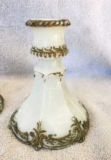 Antique Victorian Early 1900's Opal Dithridge 3 Piece Milk Glass Candle Holders