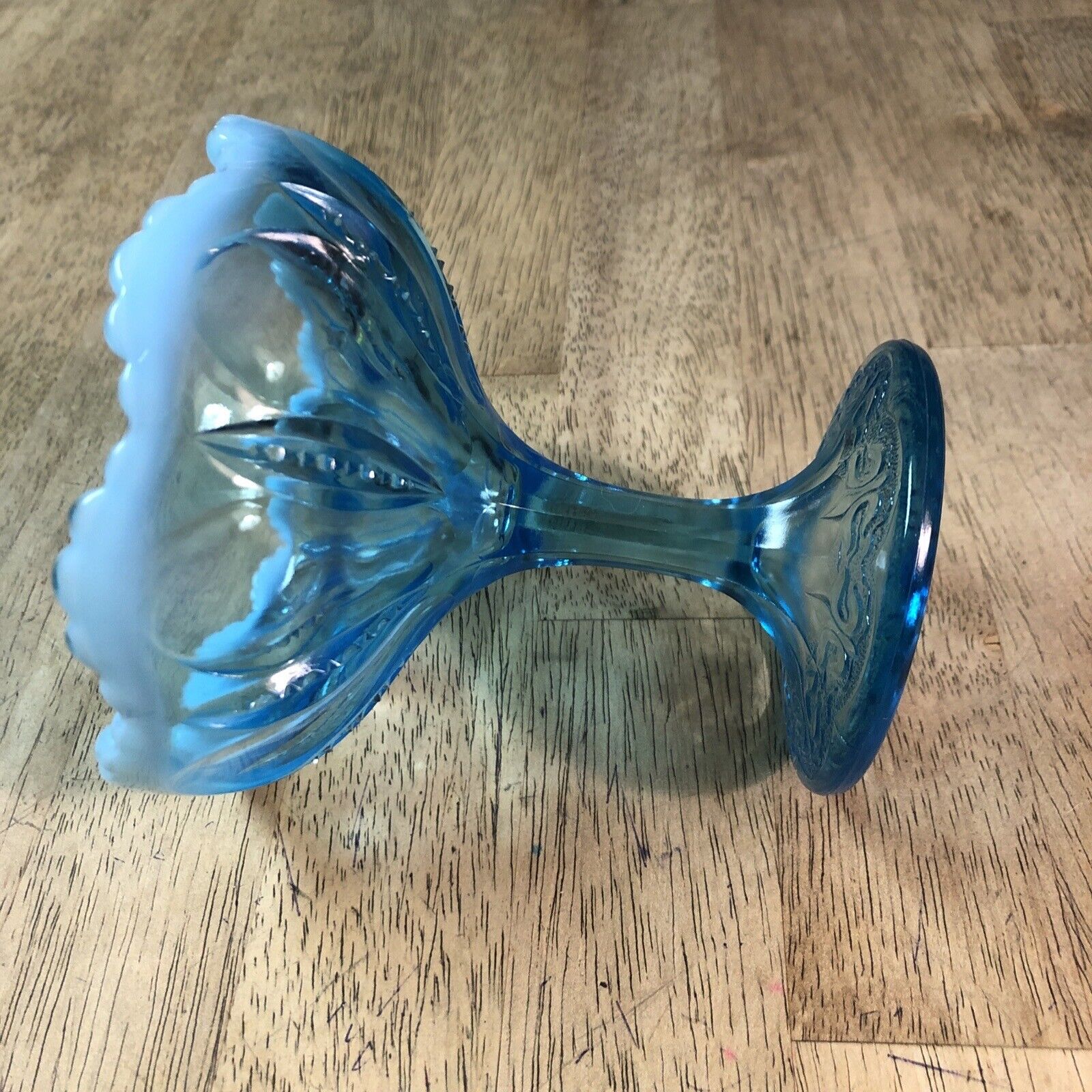 Early 1900’s Blue Opalescent Glass Compote Jelly Dish Fleur De Lis Base