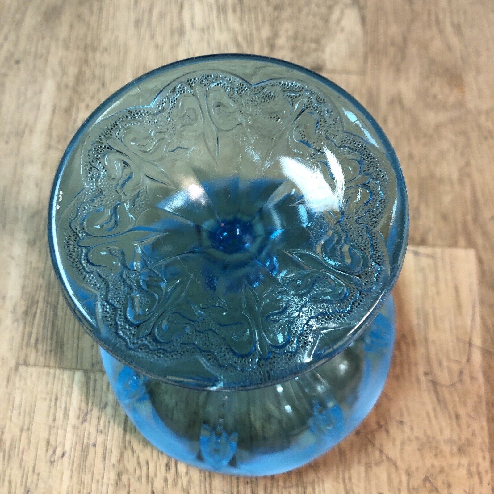 Early 1900’s Blue Opalescent Glass Compote Jelly Dish Fleur De Lis Base