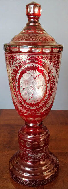 Lobmyer Ruby Cut To Clear Lidded Candy Dish-15"+ Compote 1900's Perfect