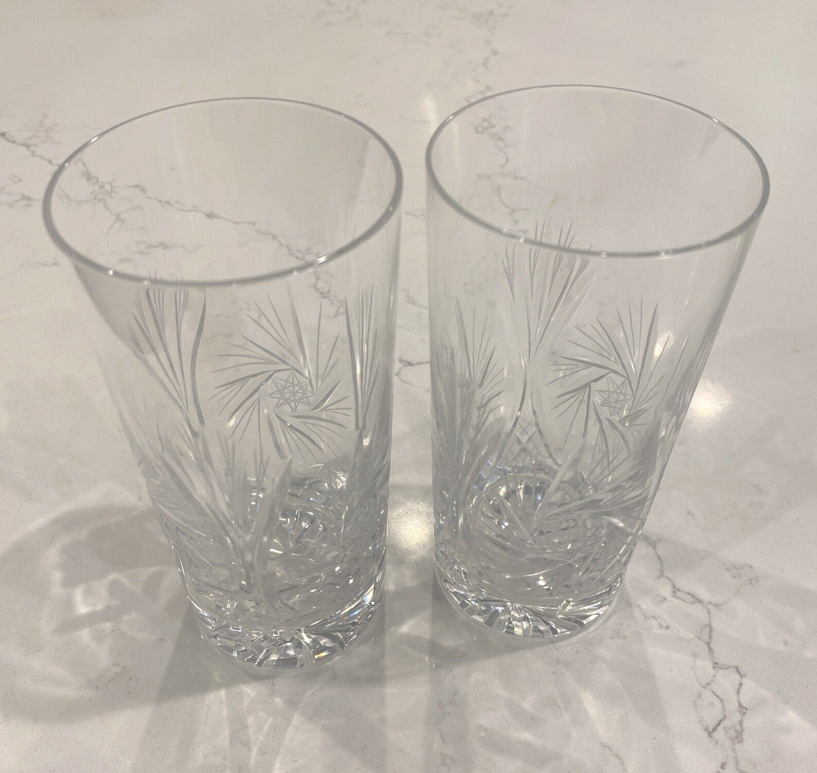 Vintage CUT GLASS Pinwheel Hobstar High Ball Glass Tumbler Set 2 Kusak Berlin?