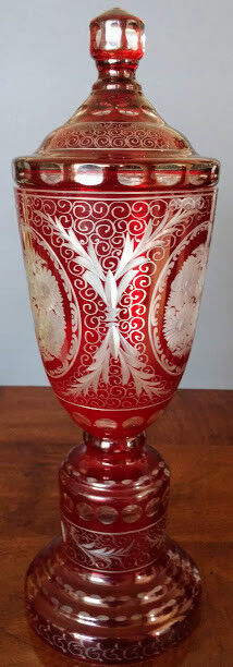 Lobmyer Ruby Cut To Clear Lidded Candy Dish-15"+ Compote 1900's Perfect